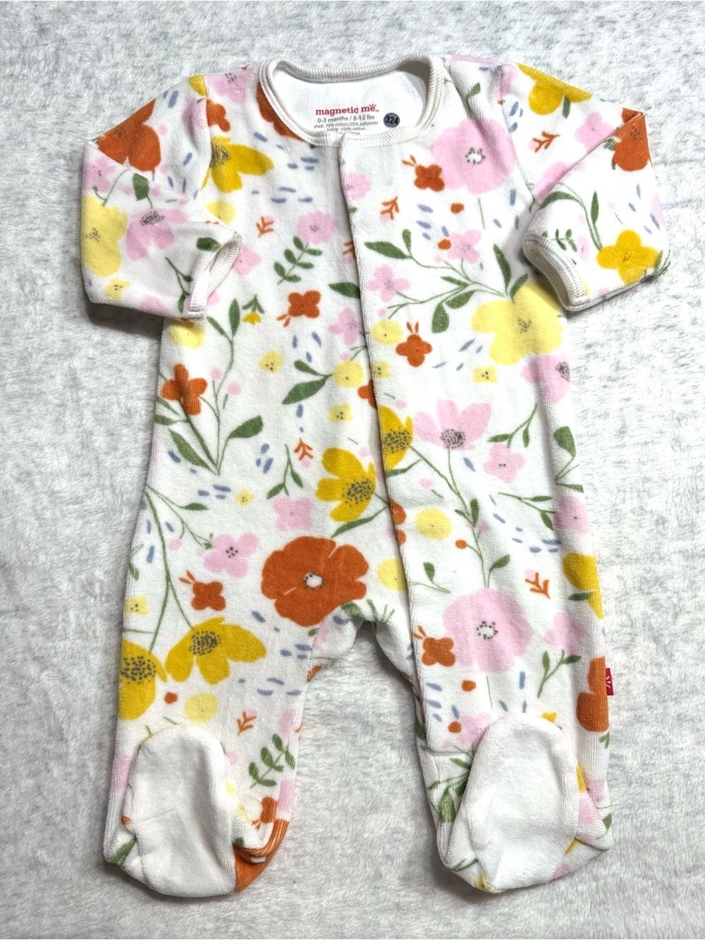 Magnetic Me Floral Velour Footie Sleeper 0-3M Baby Girl Cream Pink Yellow Cozy
